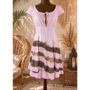 Chaudry KC Tie Dye Midi Dress Fairy Boho Festival Pink Brown Deadstock Med NWT